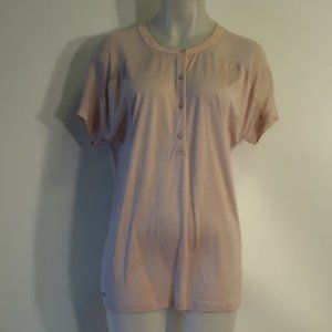 Womens LaCoste Blush Pink Semi-Sheer Shoulder Silk Blend T-Shirt Top 40 US/M *